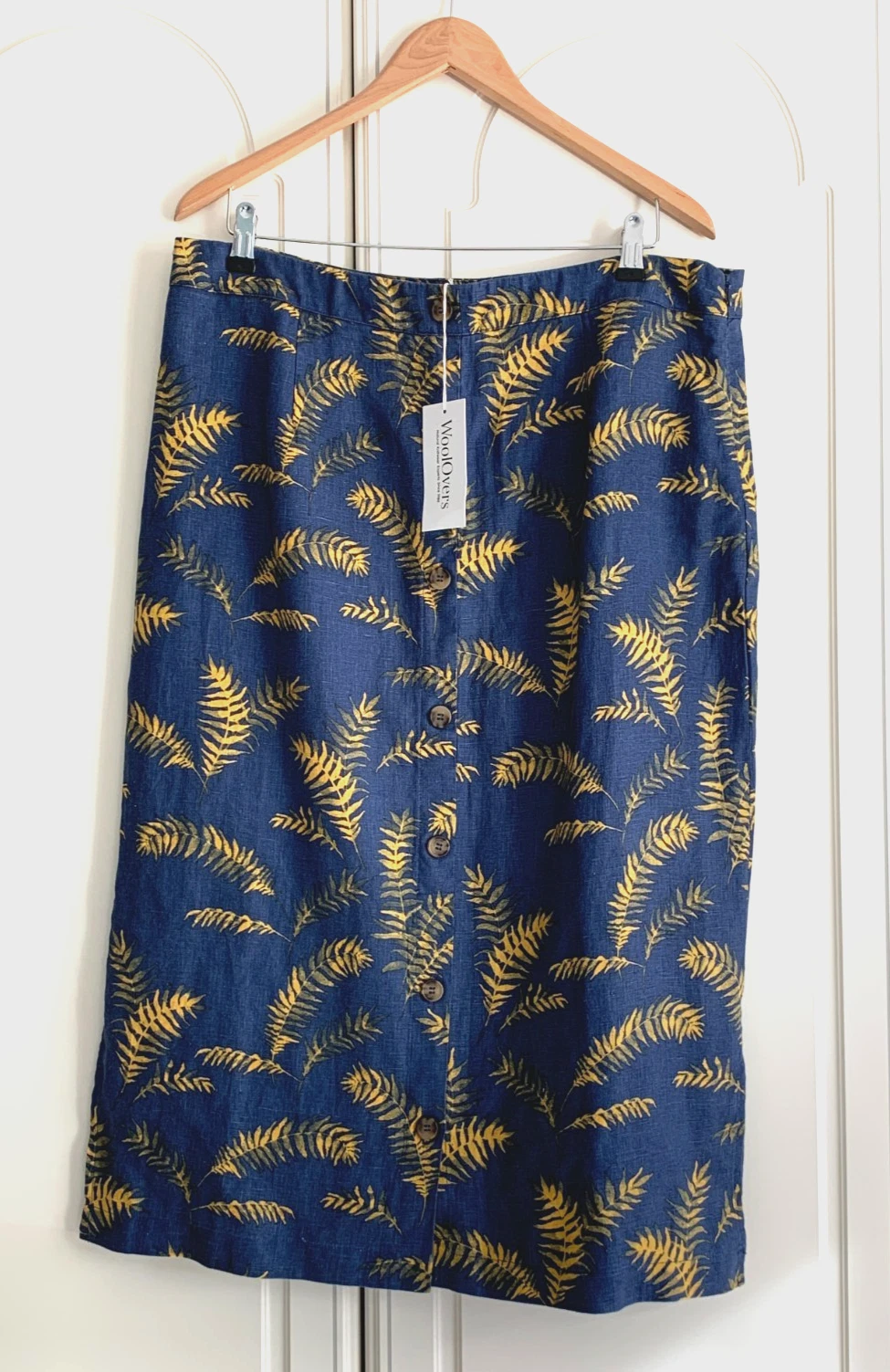 Woolovers Blue Linen Tropical Leaf Button Feature Side Zip Skirt Size 16