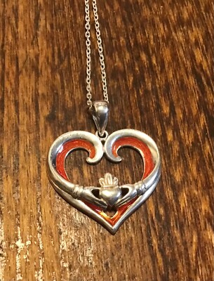 Claddagh Solvar Sterling rot Emaille Herz Anhänger mit 18 Zoll Kette