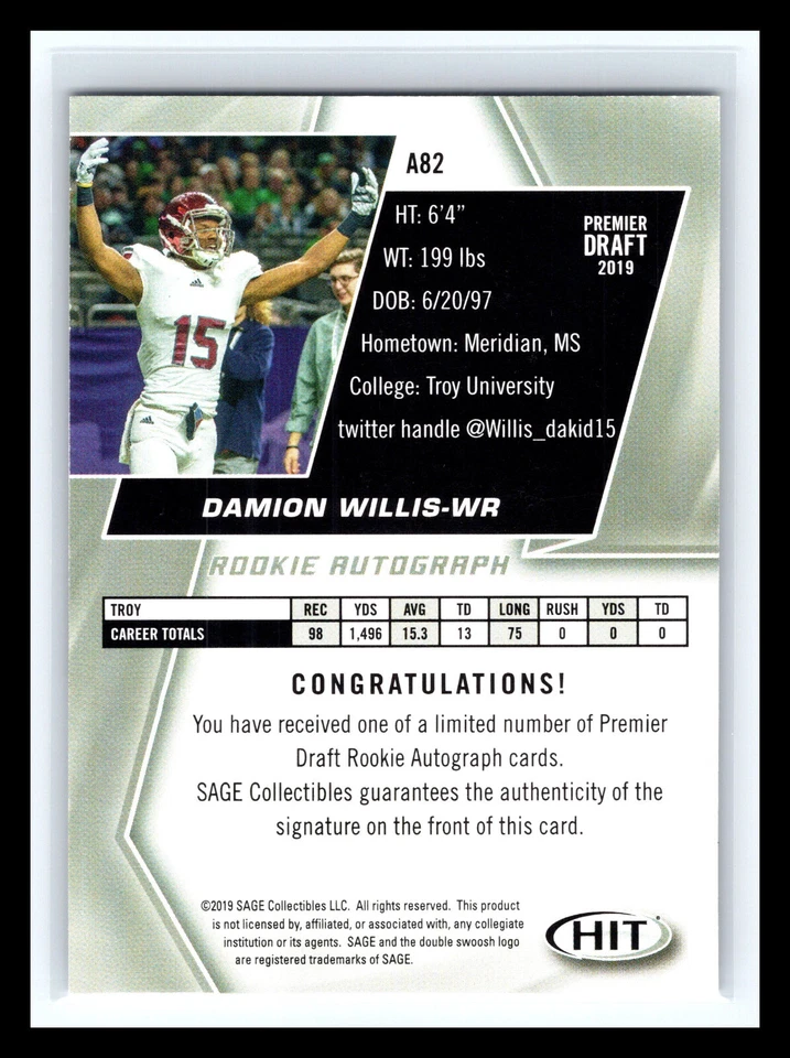 🔥 DAMION WILLIS 2019  SAGE HIT ROOKIE SIGNATURES AUTO RC - Image 2 of 2