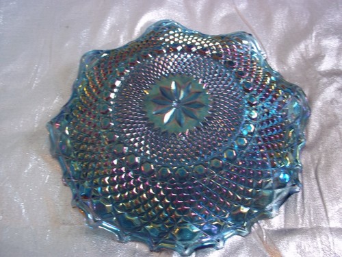 Indiana Blue Iridescent Carnival Glass Ruffled Rim Shallow Bowl Diamond Pattern - Picture 8 of 14