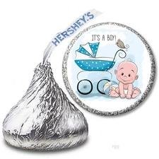 108 It's a Boy Carriage Baby Shower Favors Hershey Kiss Stickers Candy Wrappers