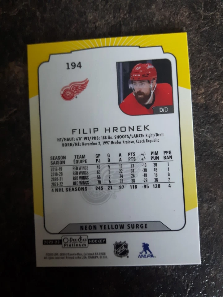 2022-23 O-Pee-Chee Platinum Neon Yellow Surge Filip Hronek Card# 194 - Image 2 of 2