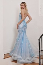 FORMAL SLEEVELESS STRAPPED MERMAID LONG GOWN W/ V-NECK SEQUINS EMBROIDERY
