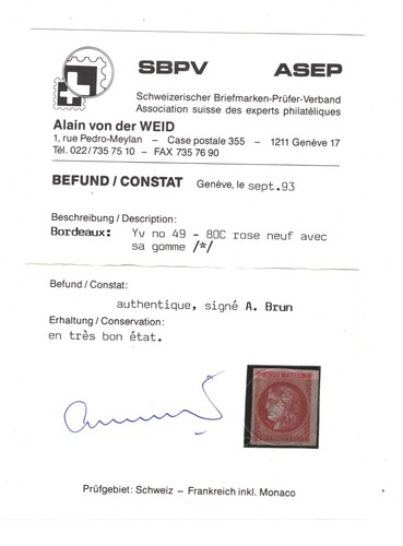 FRANCE Classic Stamp Scott.36 80c Rose CERES Mint MM Cat $800- {Cert}YOG99 - Picture 6 of 9
