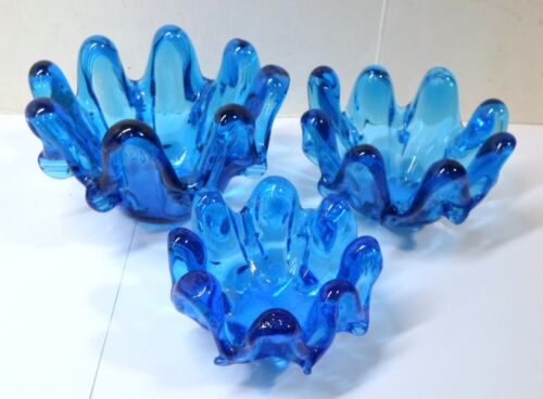 Vintage Set of 3 MURANO BLUE GLASS NESTING BOWLS Italian Candy Nut Dishes - Picture 3 of 11