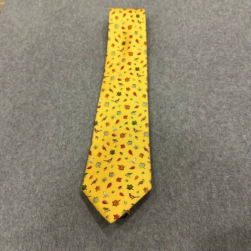 Salvador Ferragamo 100% Silk necktie; Yellow with autumn theme