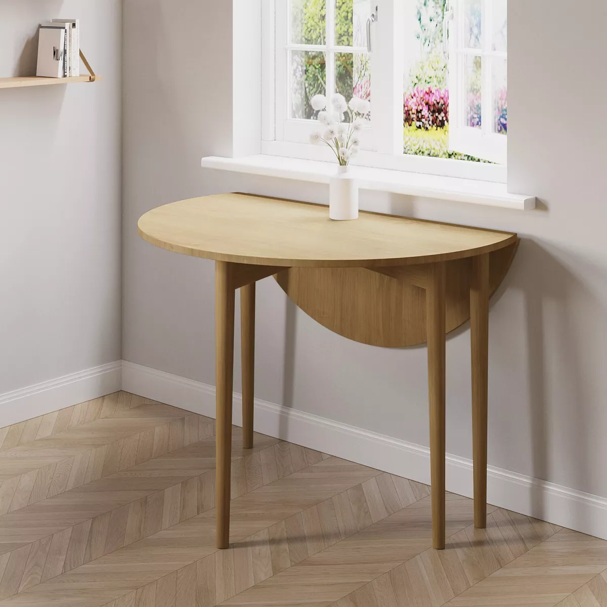 Small Round Oak Folding Drop Leaf Dining Table Seats 2 4 Rudy RDY002