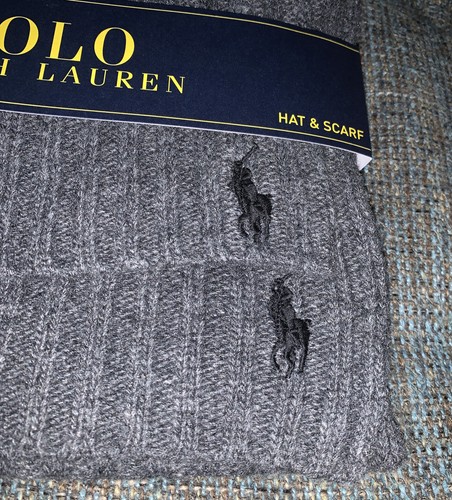 NWT Polo Ralph Lauren Beanie & Scarf Set One Size Fits Most Gray Black GB2 D17 - Picture 2 of 11