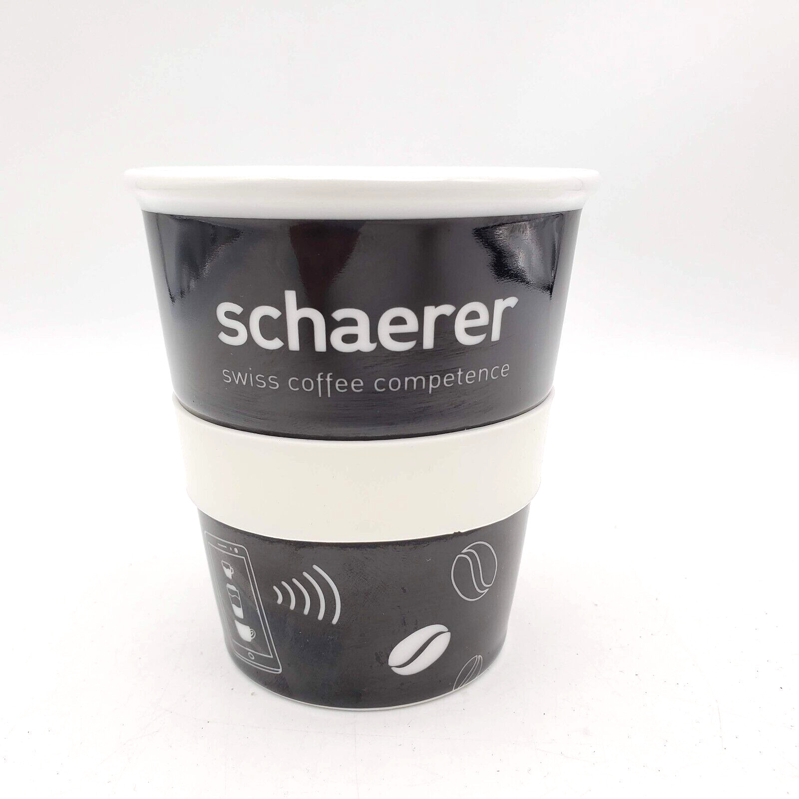 SCHAERER Cup Mug 10oz Swiss Coffee Competence Ceramic Black White Germany RARE