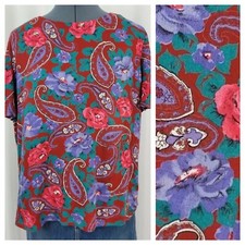Vintage Burgundy S/S Blouse with Red/Purp/Teal Florals  Paisley Size XL 