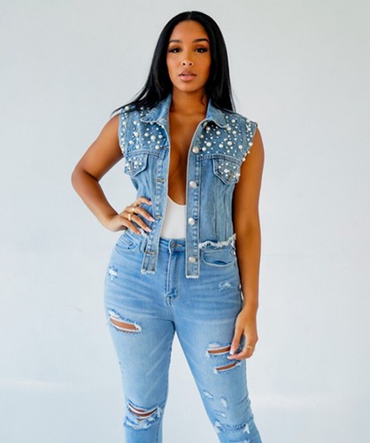 Dingzhu inlaid diamond denim vest jacket denim shawl for women - Picture 3 of 6