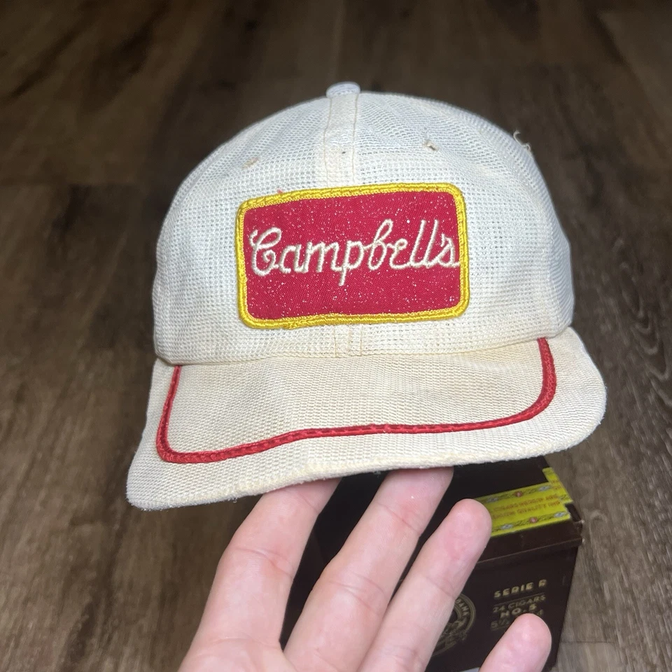 Chapéu de sopa Campbell vintage verdadeiro anos 60 caminhoneiro trabalho angustiado tarefa anúncio promocional LEIA - Imagem 3 de 4