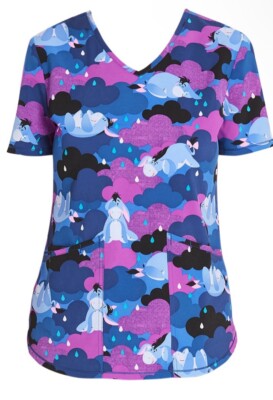 Scrubstar Eeyore Womens V Neck Stretch Pockets Scrub Top, Size XL