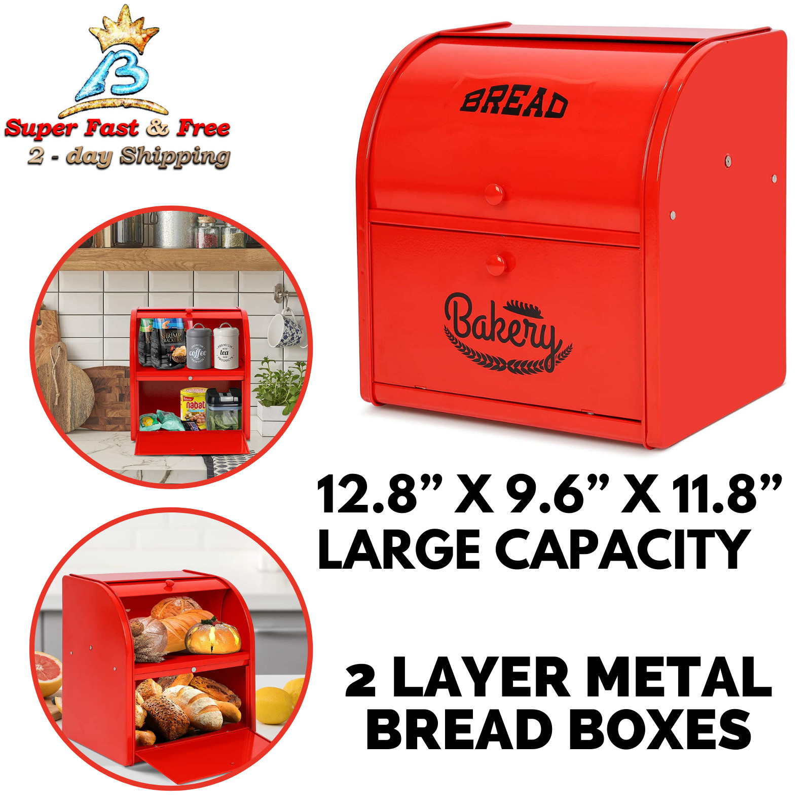 Metal Bread Boxes Kitchen Tin Storage Farmhouse Countertop Pie Bin 2 Layers NEW
