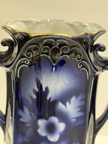 Vintage Antique Flow Blue, Gold Pottery Pair of Floral Vases Singed LYNN - Picture 16 of 21