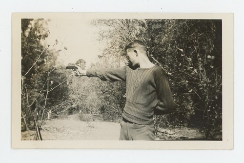 Vintage Photo In The Woods Teen Man Holds Up Pistol Taking Shot Profile 1940s