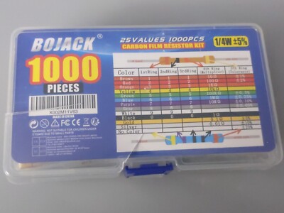 New (1000-Pk) Bojack 25 Values Resistor Kit with 1% 1/4W Carbon Film Resistors
