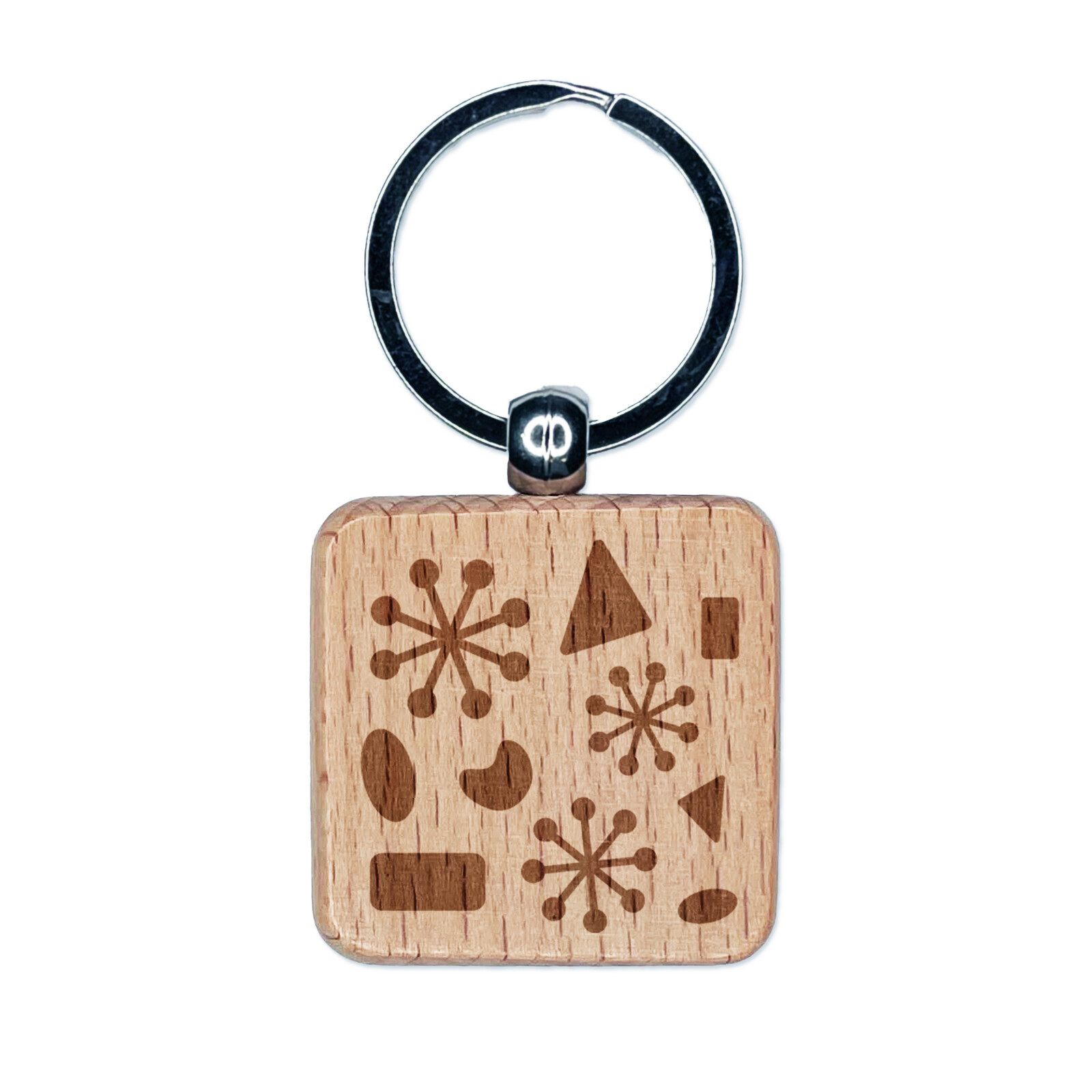 Midcentury Engraved Wood Square Keychain Charm with Geometric Shapes