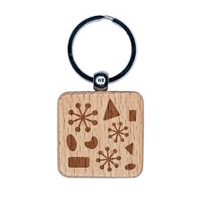 Midcentury Shapes Engraved Wood Square Keychain Tag Charm
