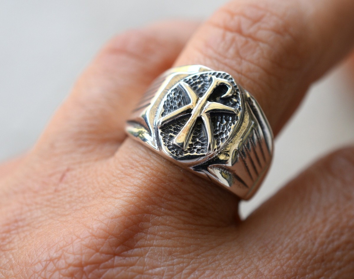 Men's ring sterling silver Chi Rho heavy in size 10 pre christian