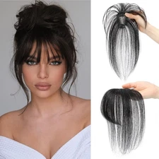 100% Human Hair Toppers With Bangs Brown Fringe Hair Pieces 3D Wispy Bangs