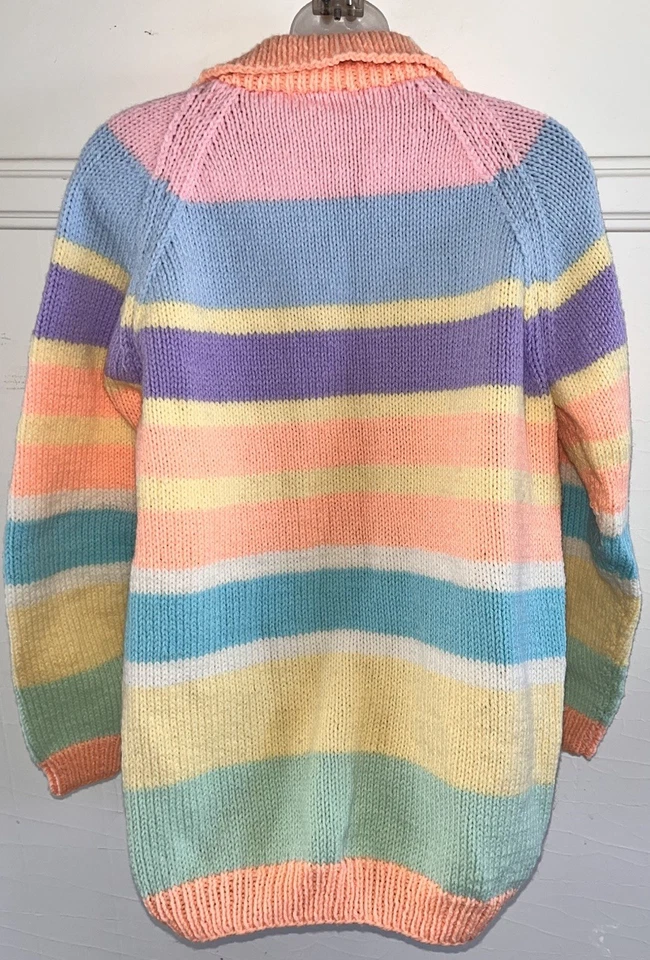 Cárdigan Suéter Grueso De Colección Deadstock Años 70 Hecho a Mano Tejido Pastel Primavera Rayas Foto 3 de 4