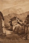 O. GARVE (19.Jhd), Dorfstraße in Alpendorf, Pinselzeichnung Realismus Genre