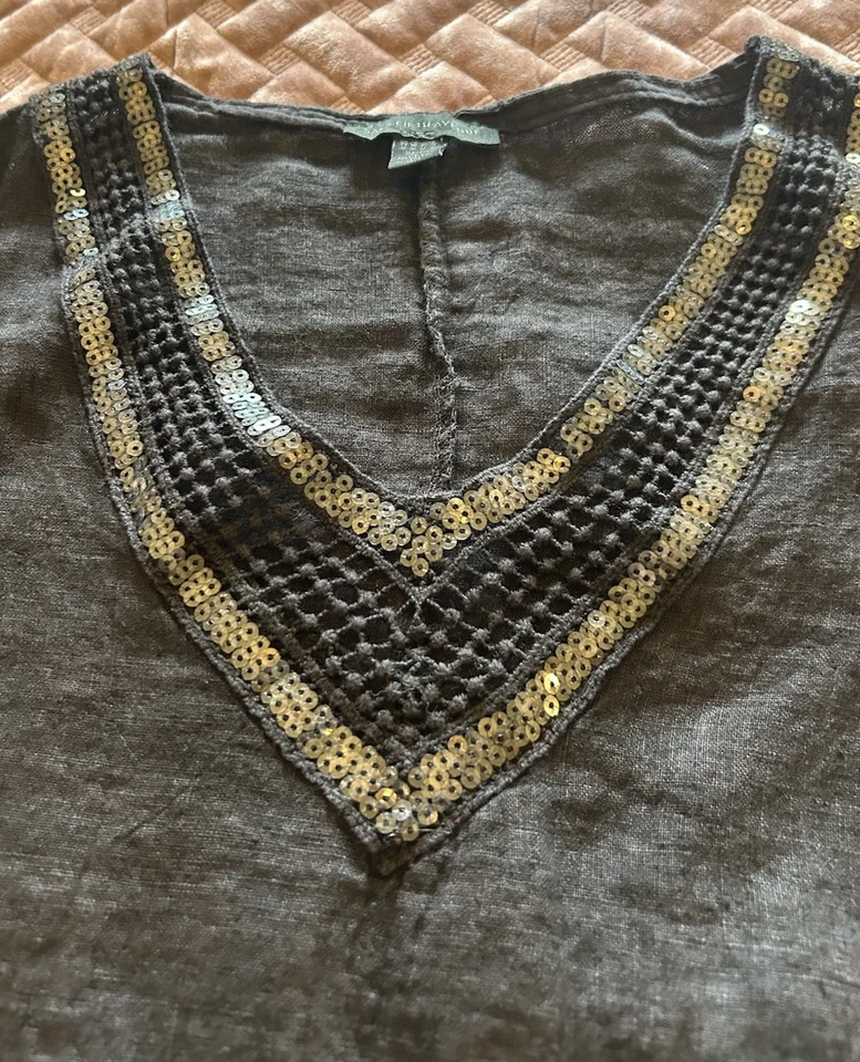 Top túnica SAKS FIVE AVENUE mediana 100 % lino negra de gran tamaño con cuentas Laganlook Foto 3 de 4