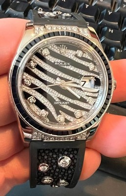 Rolex 116199 36MM 18K White Gold Datejust Zebra Black Saphire Bezel Diamonds