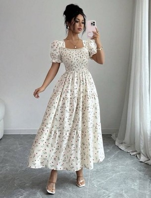 Women Ditsy Floral A Line Maxi Dress Square Neck Cinched Waist Summer Sundress