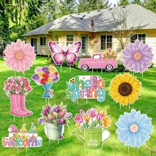 12 Pack Hello Spring Yard Decoration Outdoor Flower Garden Lawn Stake Signs with