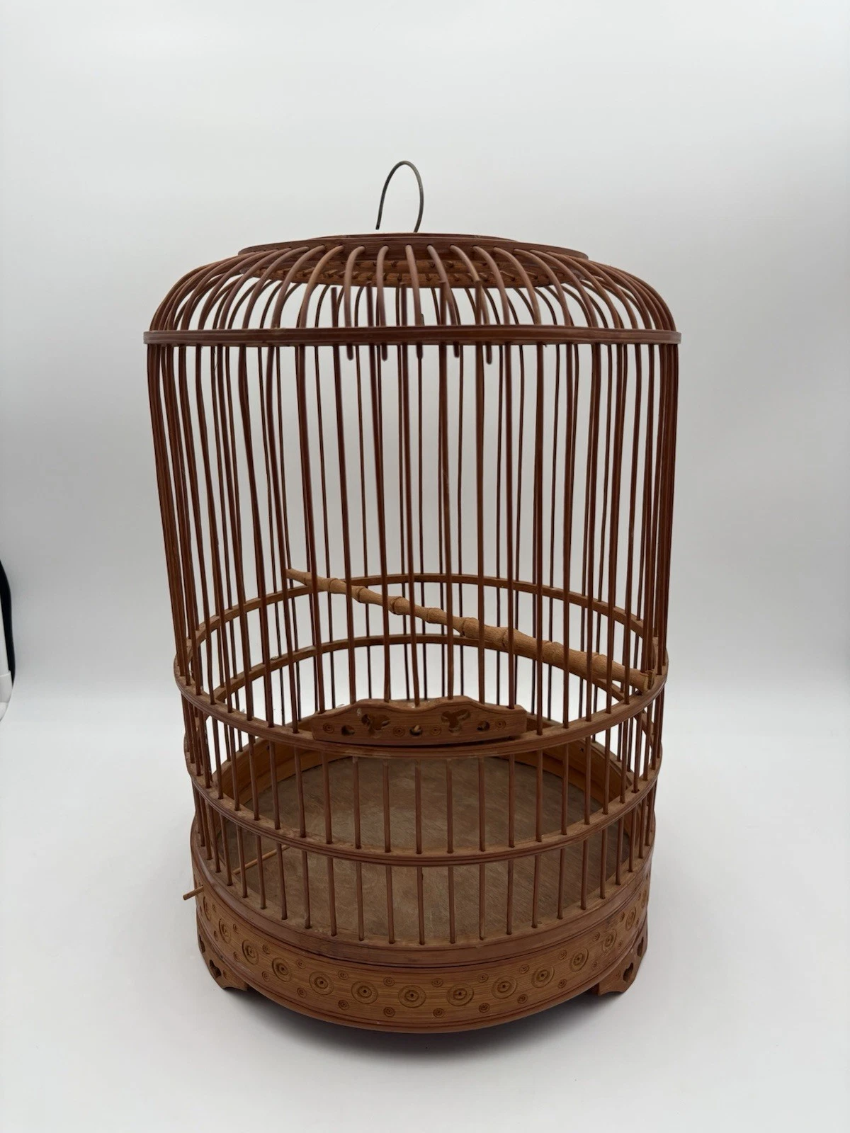 Vintage Round Asian Carved Bamboo Wooden Birdcage