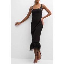 Likely Black Crystal  Feather Hem Midi Dress Womens Size 0 Cocktail ($428)
