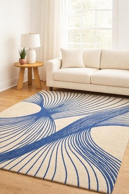 Hand Tufted Wool Area Rug | Minimal Blue Wave Design Area Rug Modern Carpet