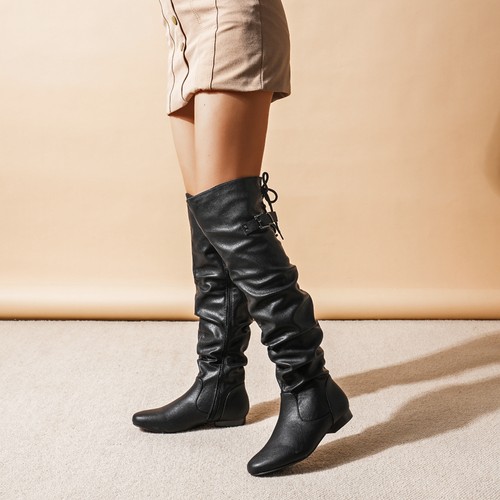Women Ladies Fashion Thigh High Boots Classic Flat Zip PU Over The Knee Boots US - Picture 13 of 28