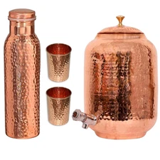Hammered Copper Water 8L Dispenser Container Pot Matka With Bottle & Glass Set