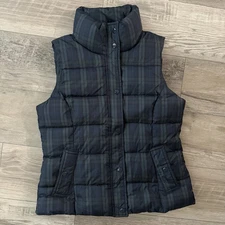 G.H. Bass Down Vest Jacket Womens Small Navy Tartan Plaid Full Zip Puff Outdoor