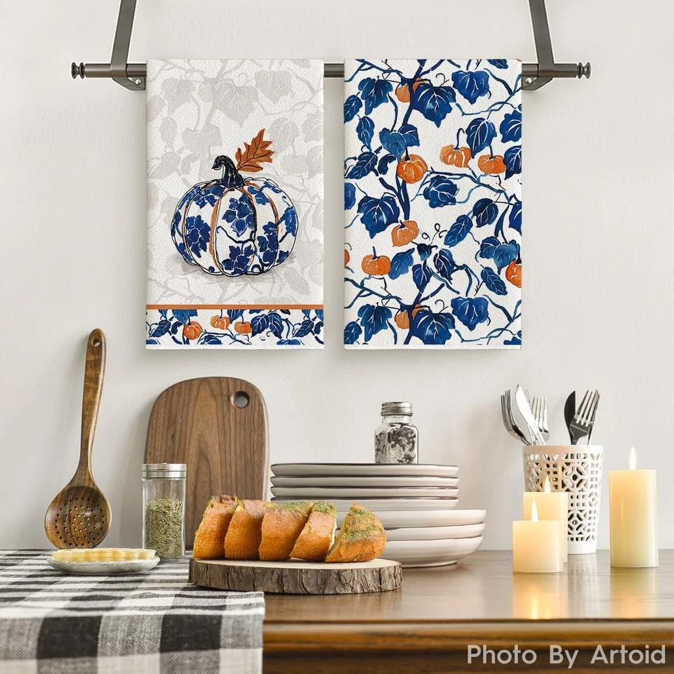 Blue Pumpkin Fall Kitchen Towels Dish Towels 18x26 Inch Autumn Floral Leaves - Image 2 of 4