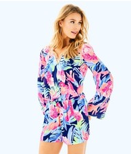 New Lilly Pulitzer Ariele Romper High Tide Medium Beaded Long Sleeve Floral