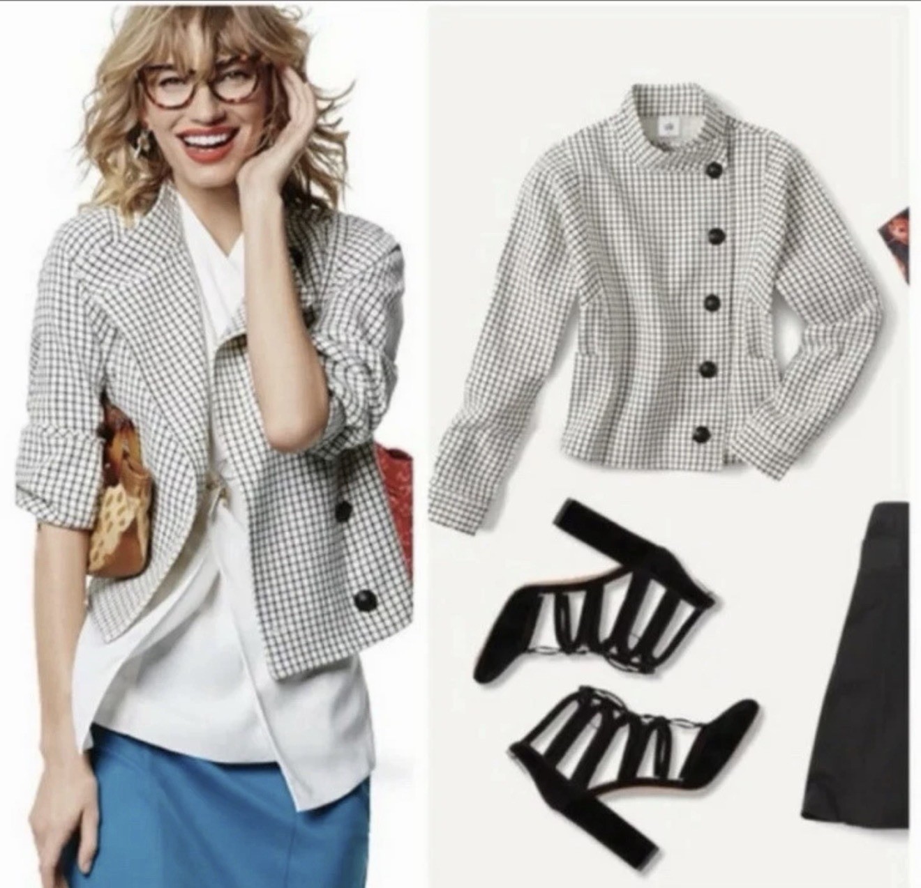 CAbi #3173 Osaka Nights Windowpane Jacket Sz Medium White Black Crested Buttons