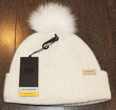 $79 New MELIN Knit Winter Hat with Puff CASHMERE WOOL White Thermal Beanie Women