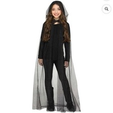 Hooded Sparkle Cape Black Mesh Halloween Costume Witch Warlock Wizard 59" OSFM
