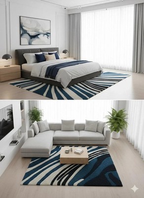 Hand Tufted Wool Rug   Modern Ivory, Blue Abstract Area Rug Living Room Carpet.