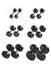 6 Pairs Black Earrings Studs Stainless Steel Ears Plugs Screw Studs Earrings Set