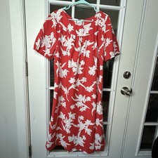 Vintage Helena  s Hawaiian Muumuu Dress Coral And White Floral Medium Large