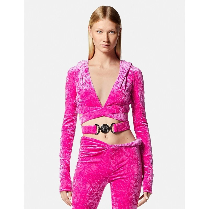 taglia 38 NUOVA $1 625 VERSACE RUNWAY Jersey Velluto Rosa AVVOLGENTE IN GIRO MEDUSA TOP