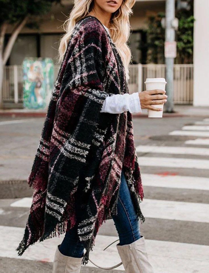 Women's Plaid Sweater Poncho Oversize Cape Coat Open Front Blanket Shawls Wraps  - Image 3 of 4
