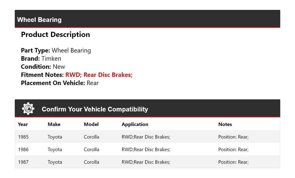 适用于 1985 - 1987 年丰田卡罗拉 RWD 轮轴承后铁姆肯公司 1986 — 第 2/4 张图片