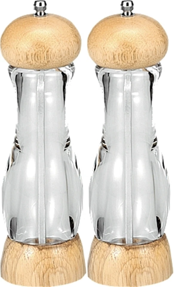MARKENLOS 2er Set Pfeffermühle 21,5 cm Acryl Transparent Holz Keramik Mahlwerk Salzmühle