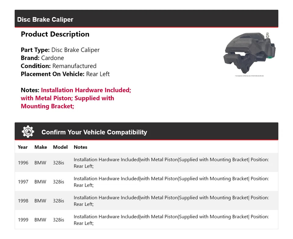 Pinza de freno de disco trasera izquierda cardone 1997 1998 bmw 328is 1996-1999 Foto 2 de 4